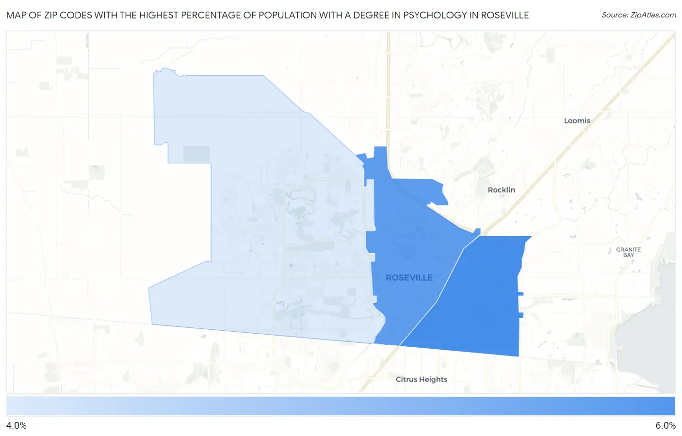 Zip Codes with the Highest Percentage of Population with a Degree in Psychology in Roseville Map