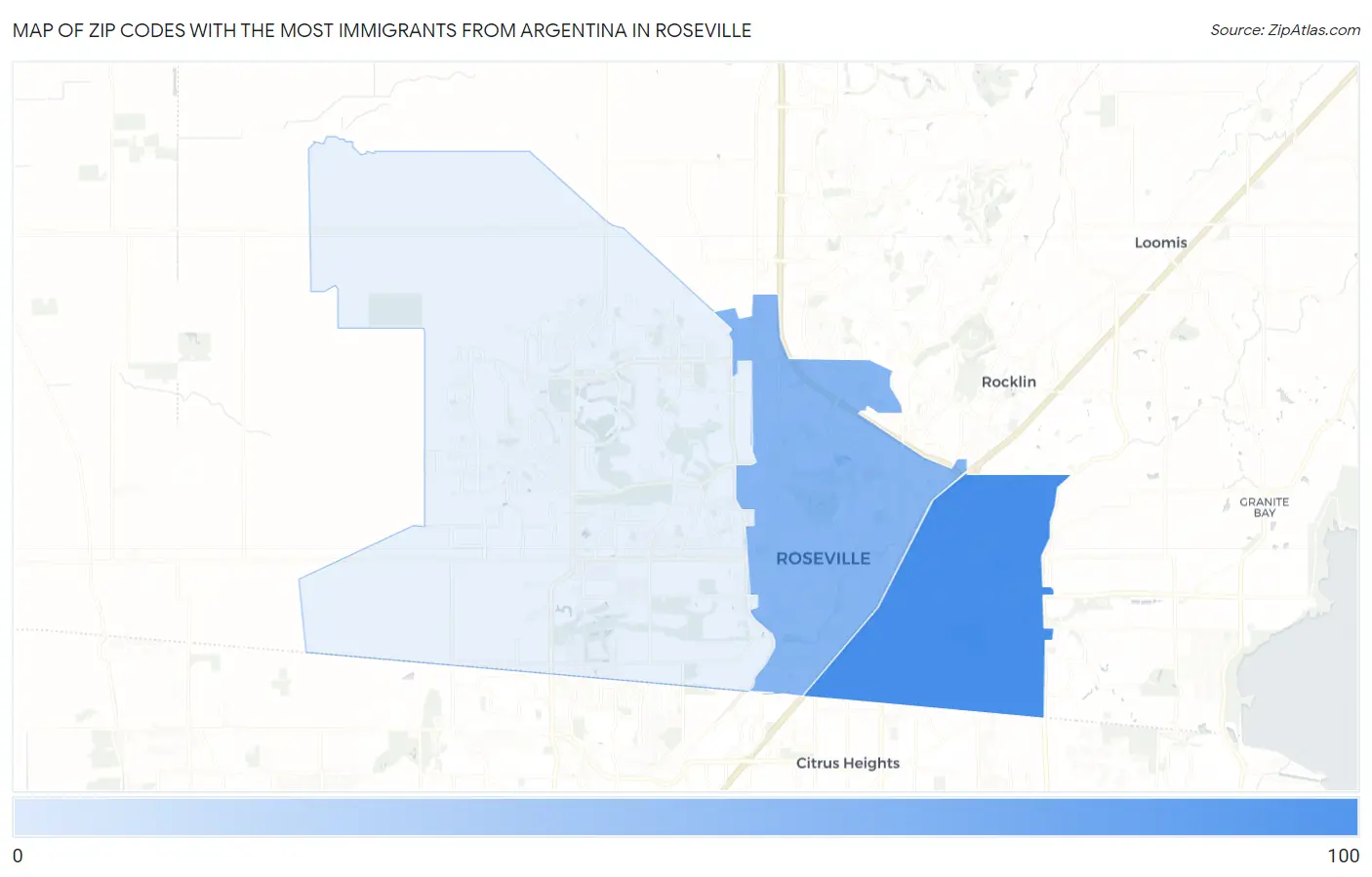 Zip Codes with the Most Immigrants from Argentina in Roseville Map