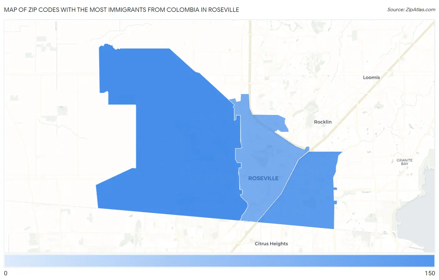 Zip Codes with the Most Immigrants from Colombia in Roseville Map