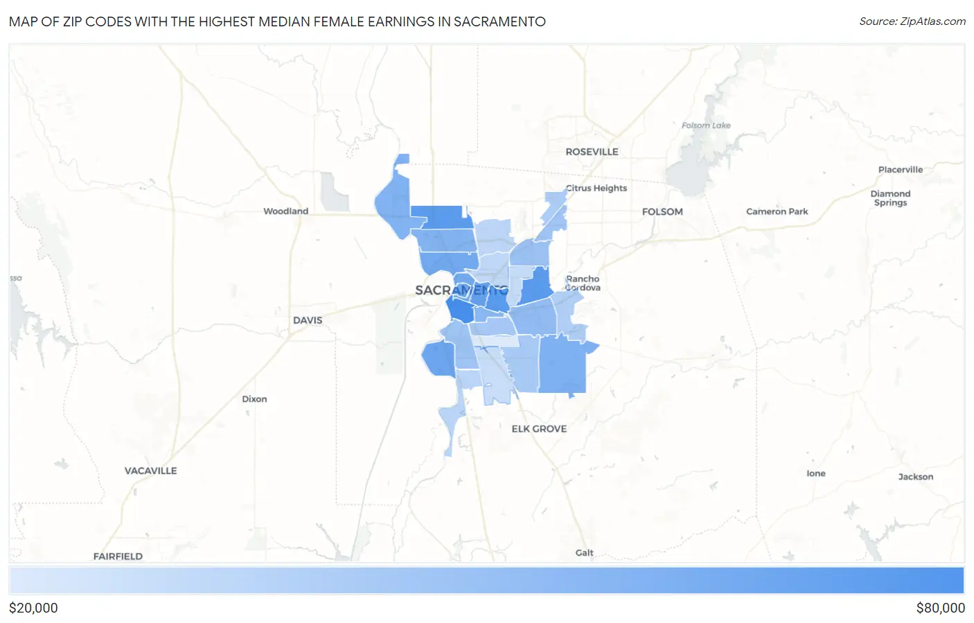 Zip Codes with the Highest Median Female Earnings in Sacramento Map