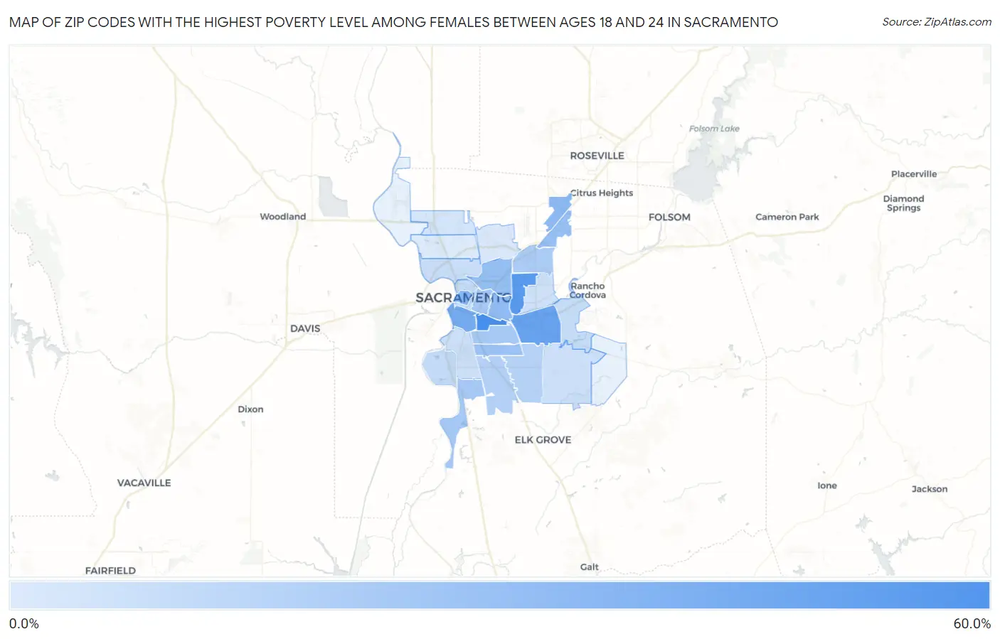 Zip Codes with the Highest Poverty Level Among Females Between Ages 18 and 24 in Sacramento Map