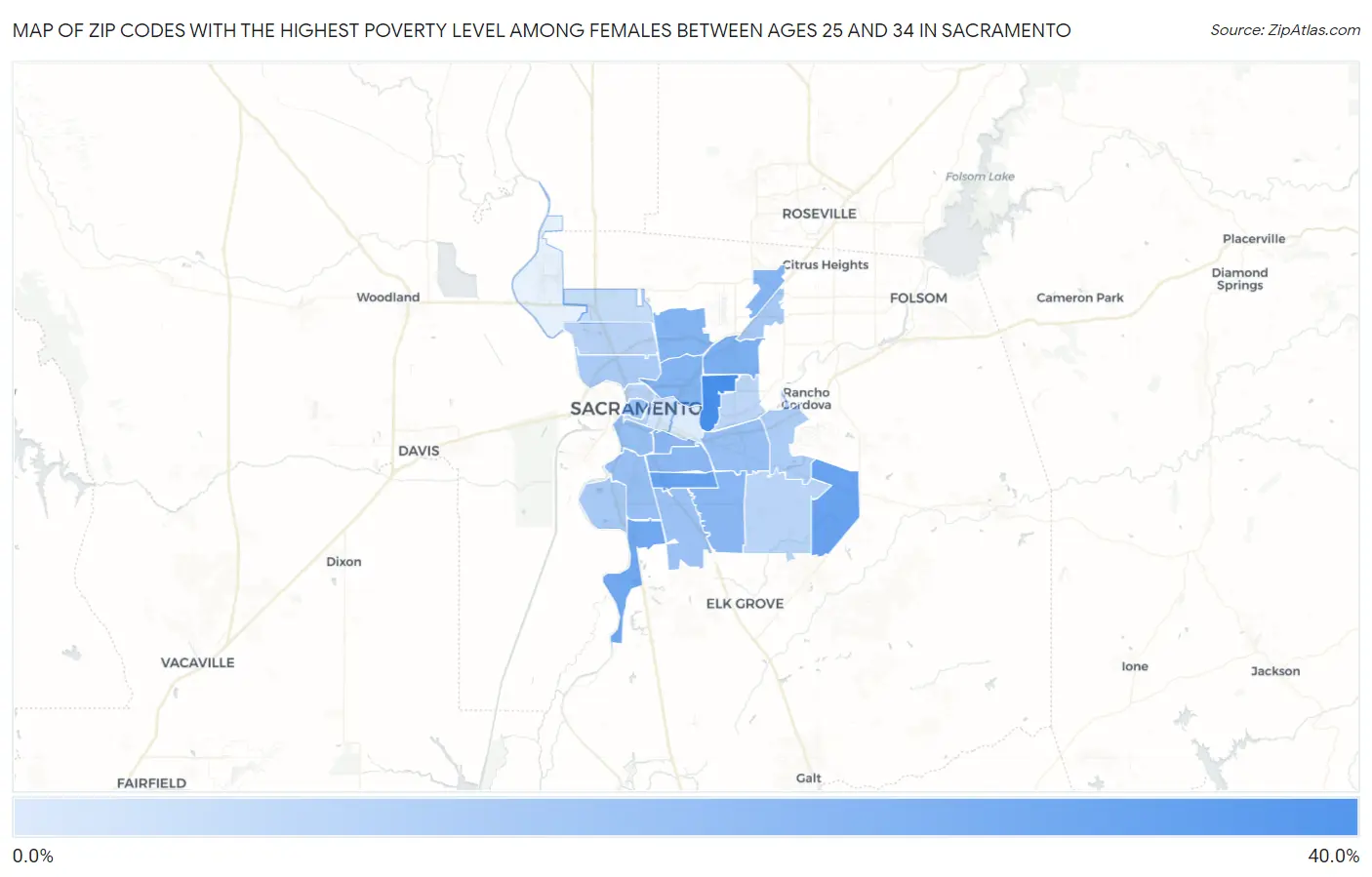 Zip Codes with the Highest Poverty Level Among Females Between Ages 25 and 34 in Sacramento Map