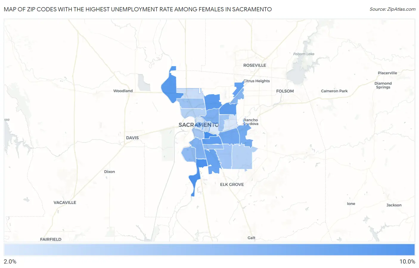 Zip Codes with the Highest Unemployment Rate Among Females in Sacramento Map
