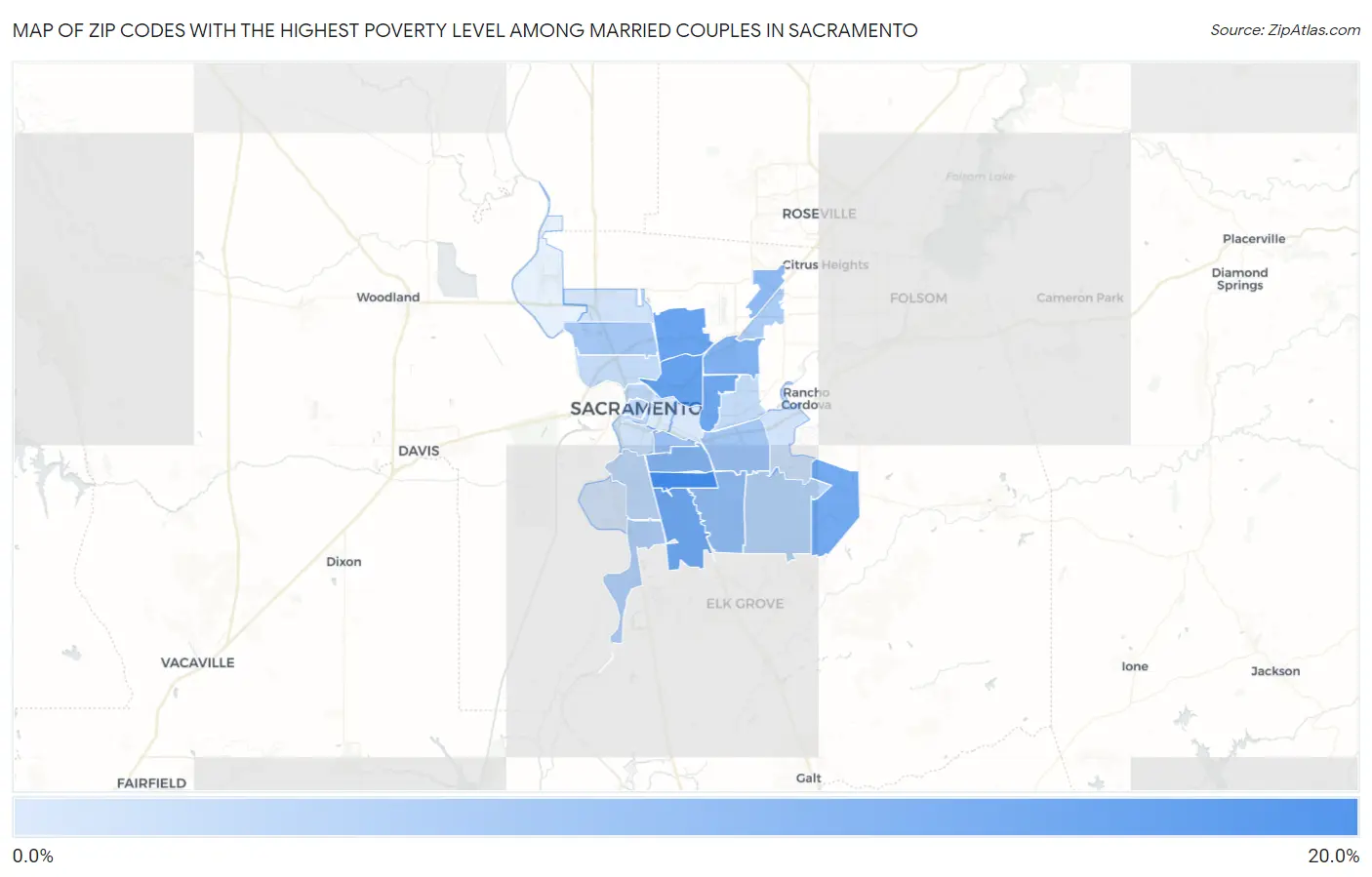 Zip Codes with the Highest Poverty Level Among Married Couples in Sacramento Map