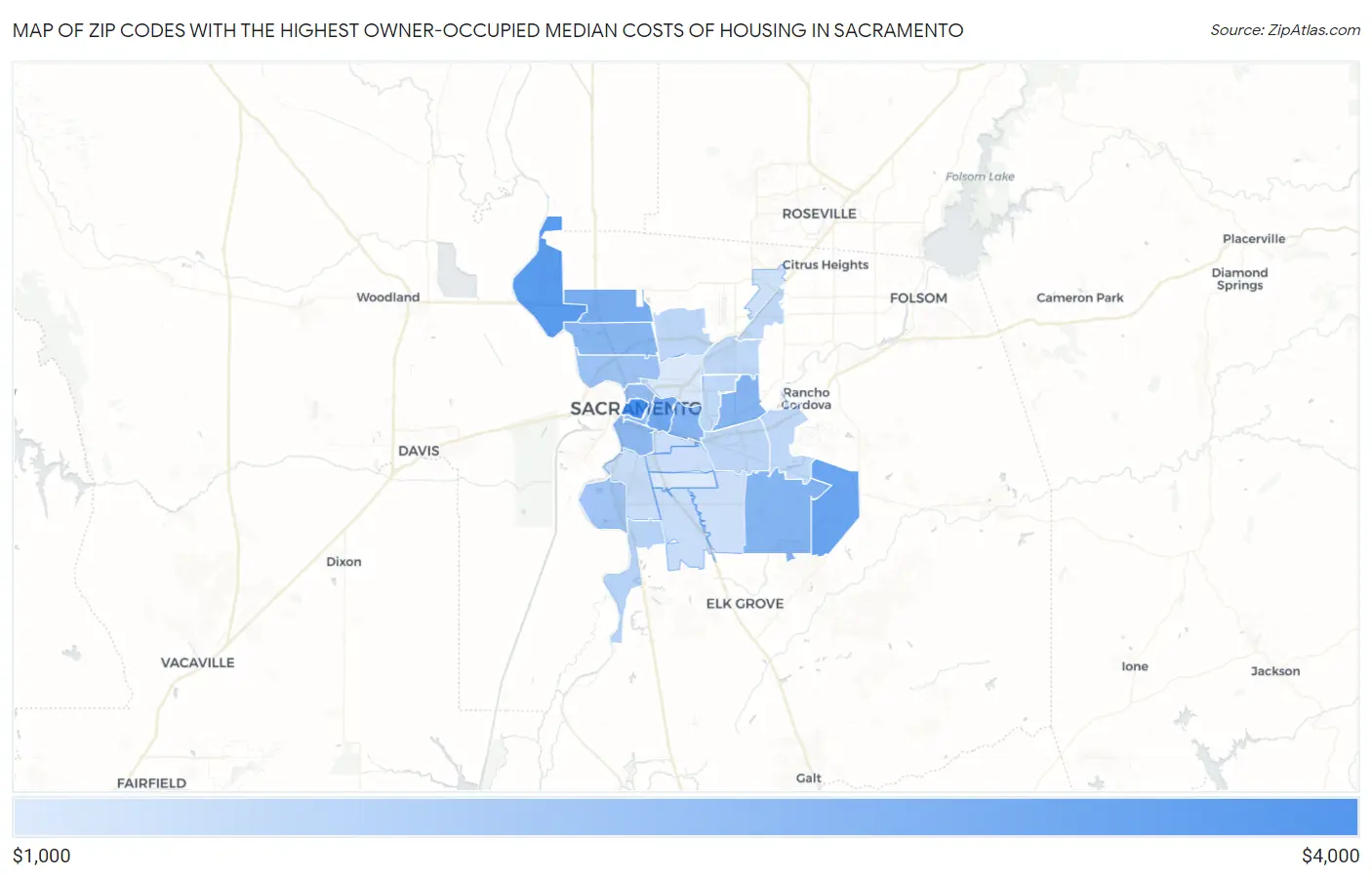 Zip Codes with the Highest Owner-Occupied Median Costs of Housing in Sacramento Map