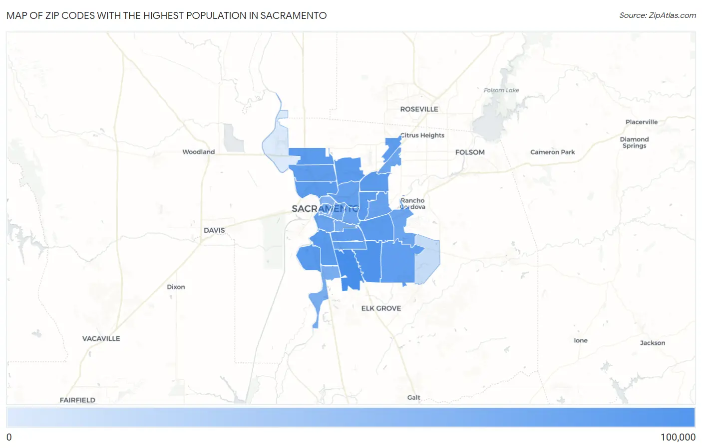 Zip Codes with the Highest Population in Sacramento Map