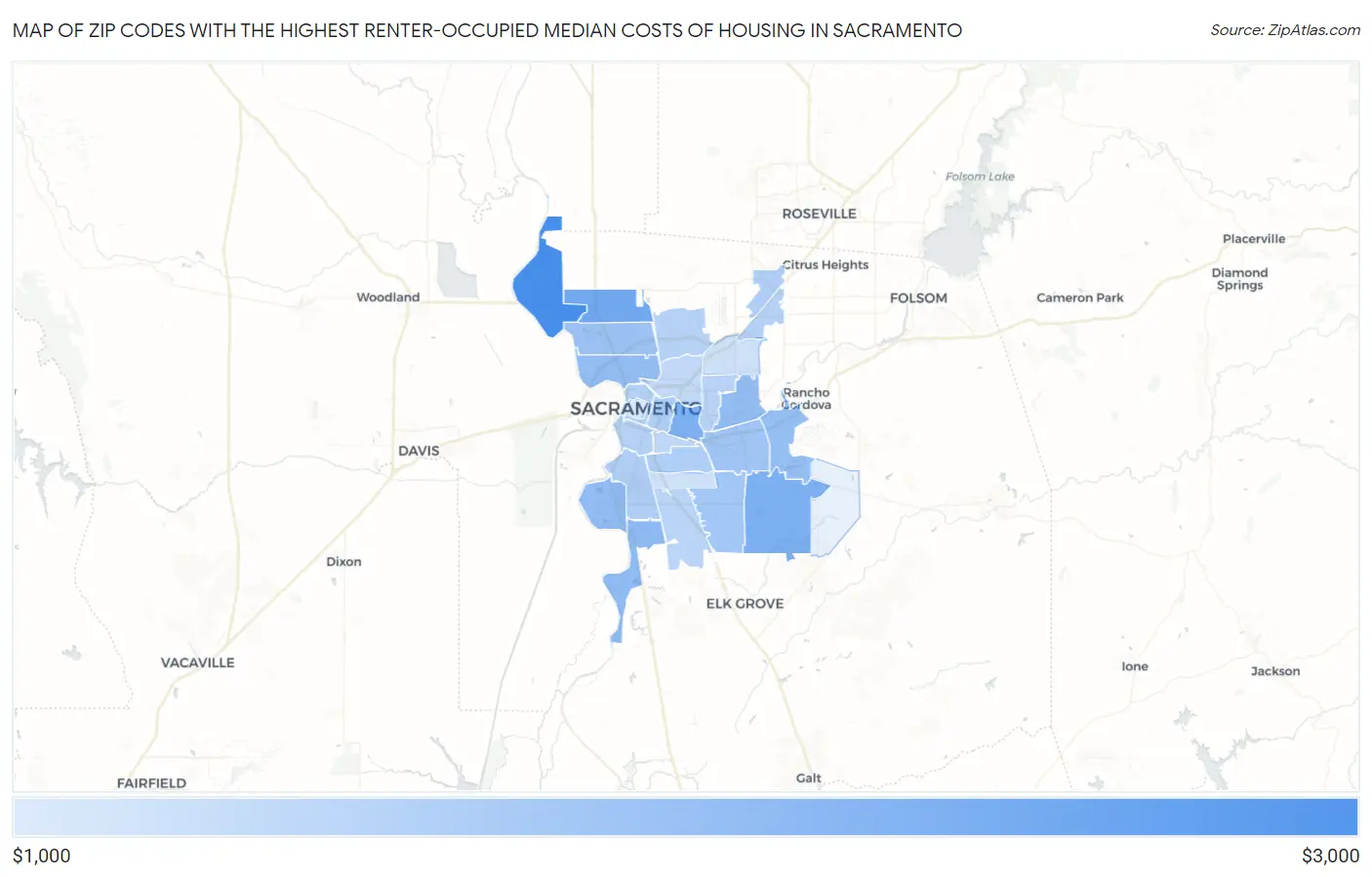 Zip Codes with the Highest Renter-Occupied Median Costs of Housing in Sacramento Map
