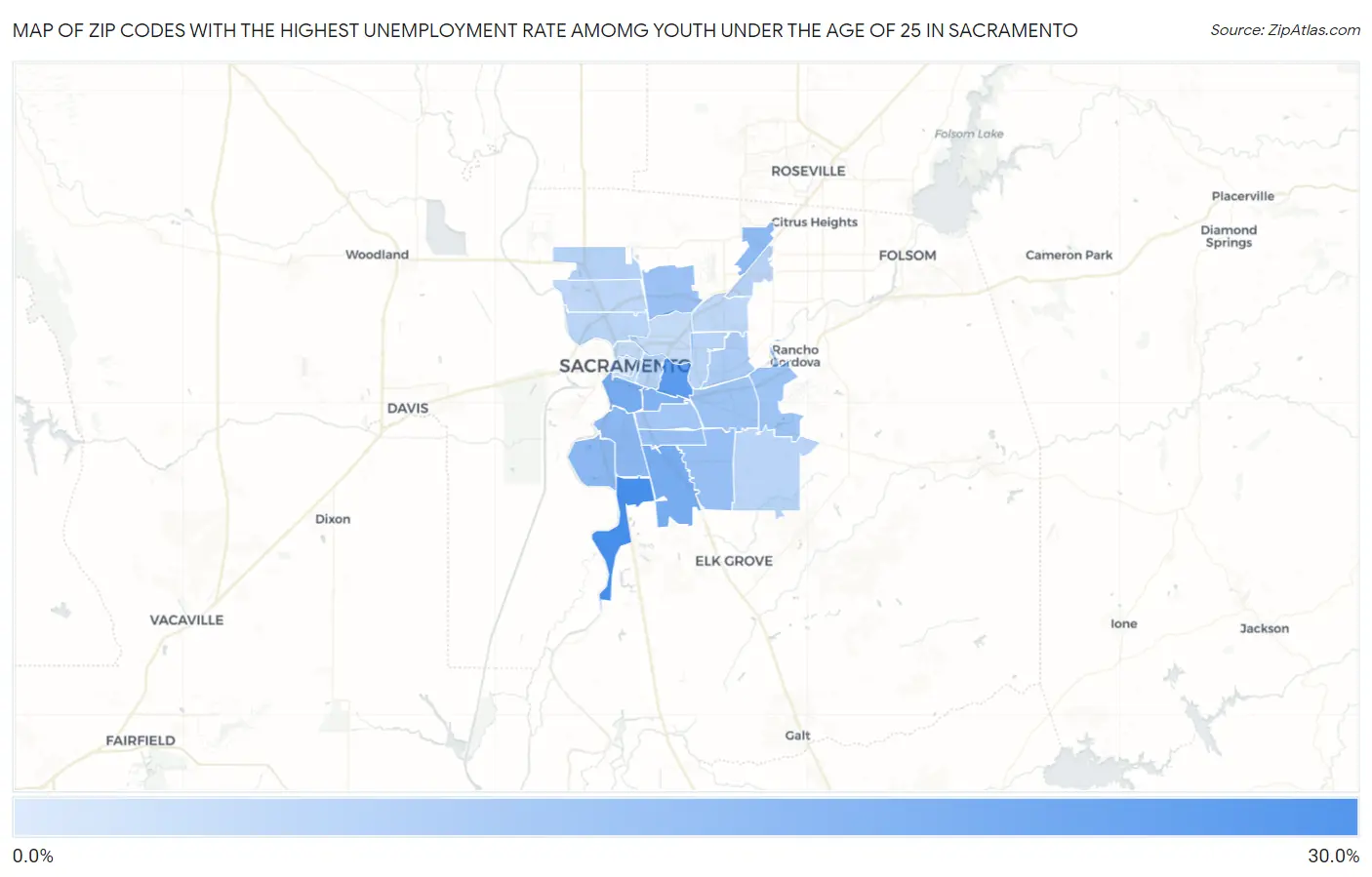 Zip Codes with the Highest Unemployment Rate Amomg Youth Under the Age of 25 in Sacramento Map
