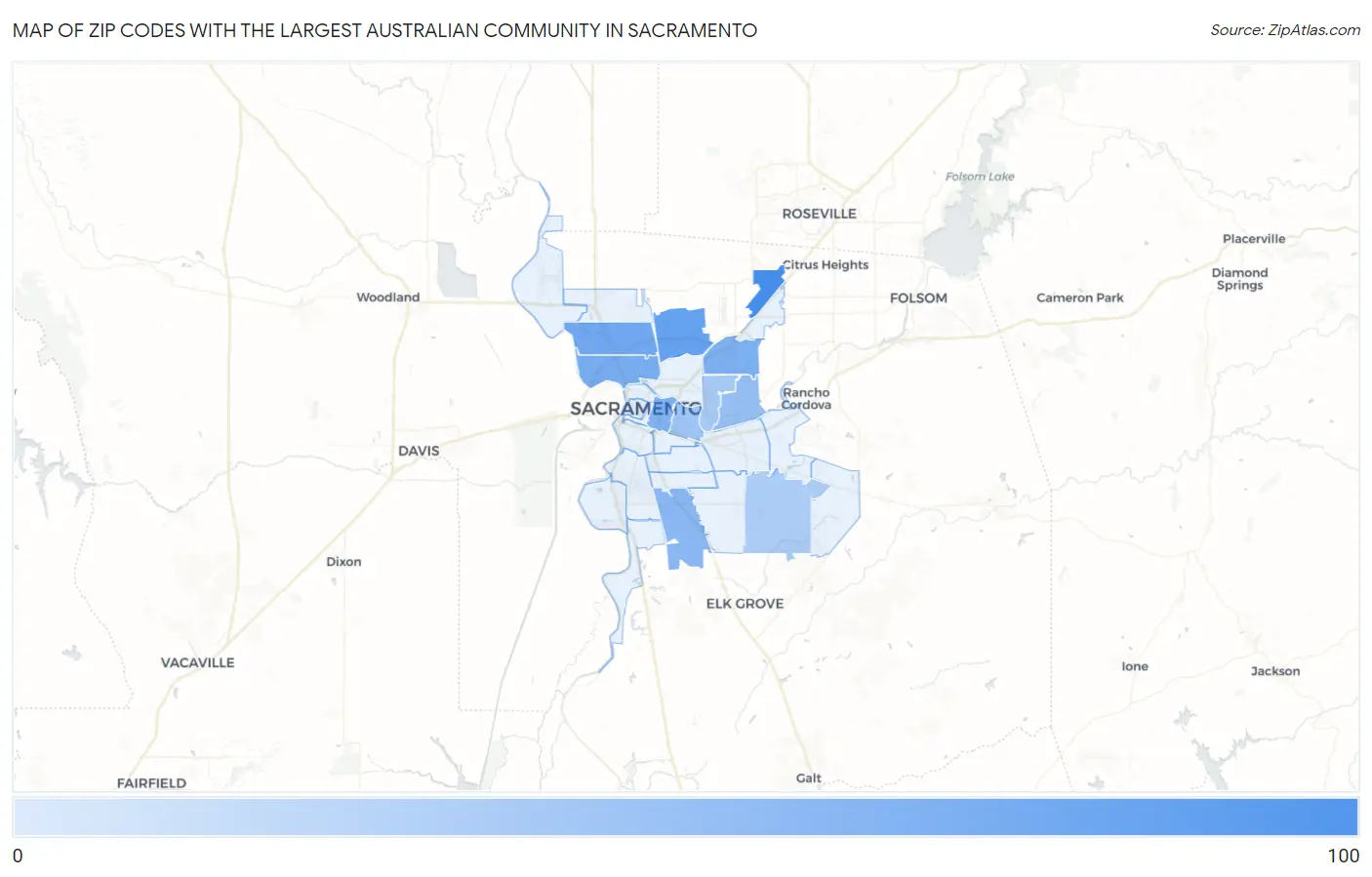 Zip Codes with the Largest Australian Community in Sacramento Map