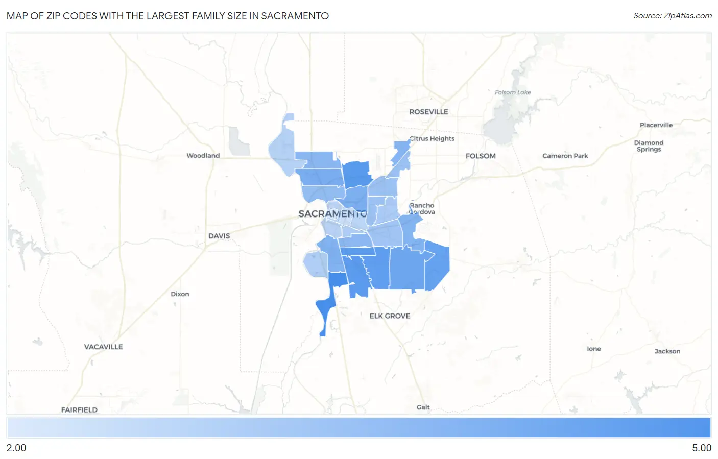Zip Codes with the Largest Family Size in Sacramento Map