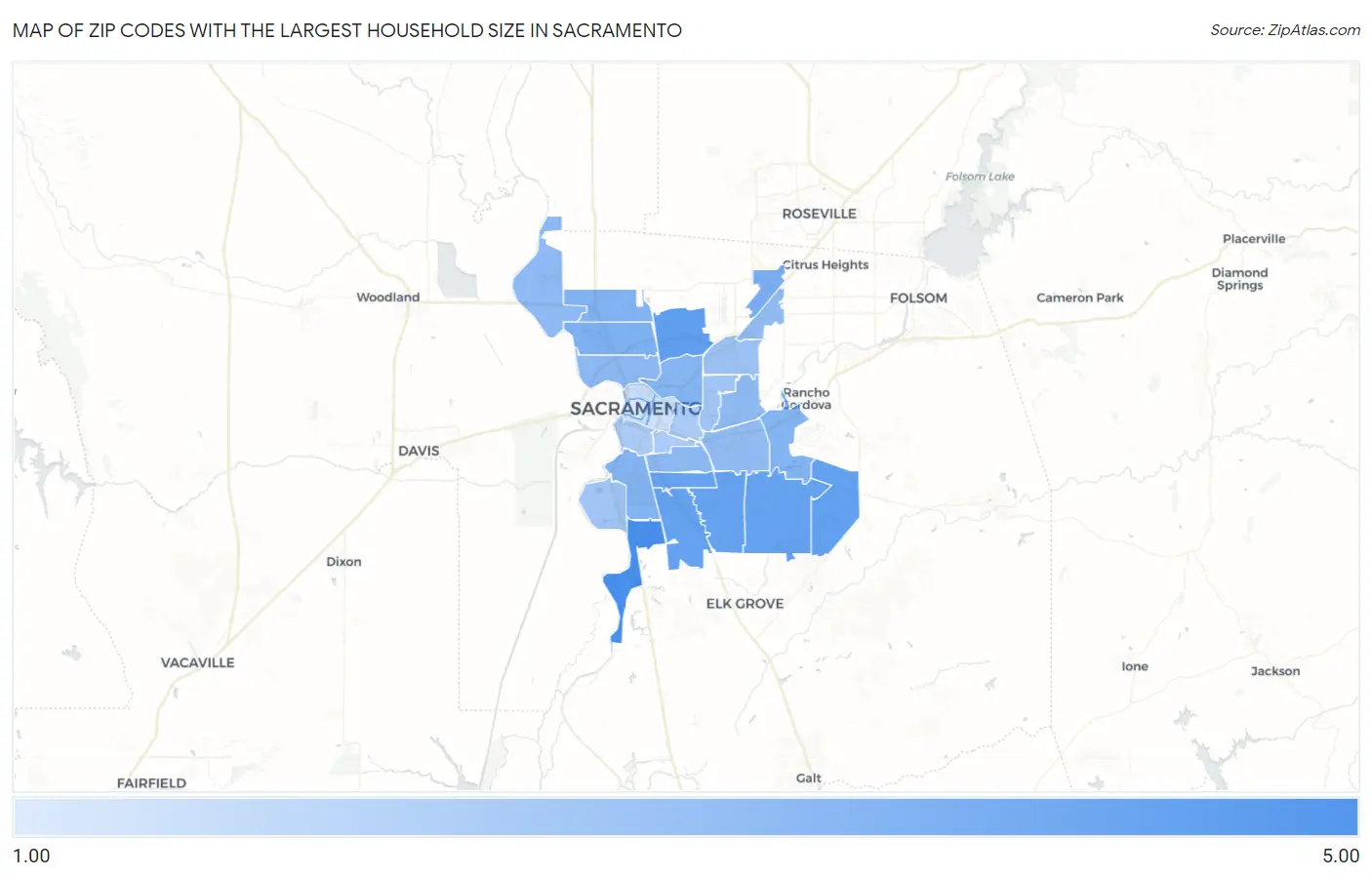 Zip Codes with the Largest Household Size in Sacramento Map