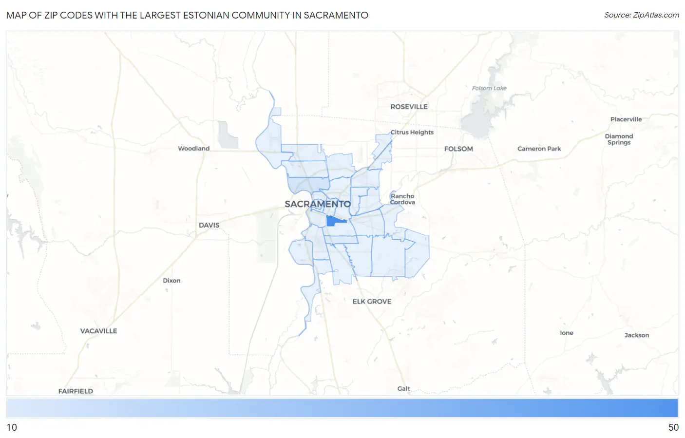 Zip Codes with the Largest Estonian Community in Sacramento Map