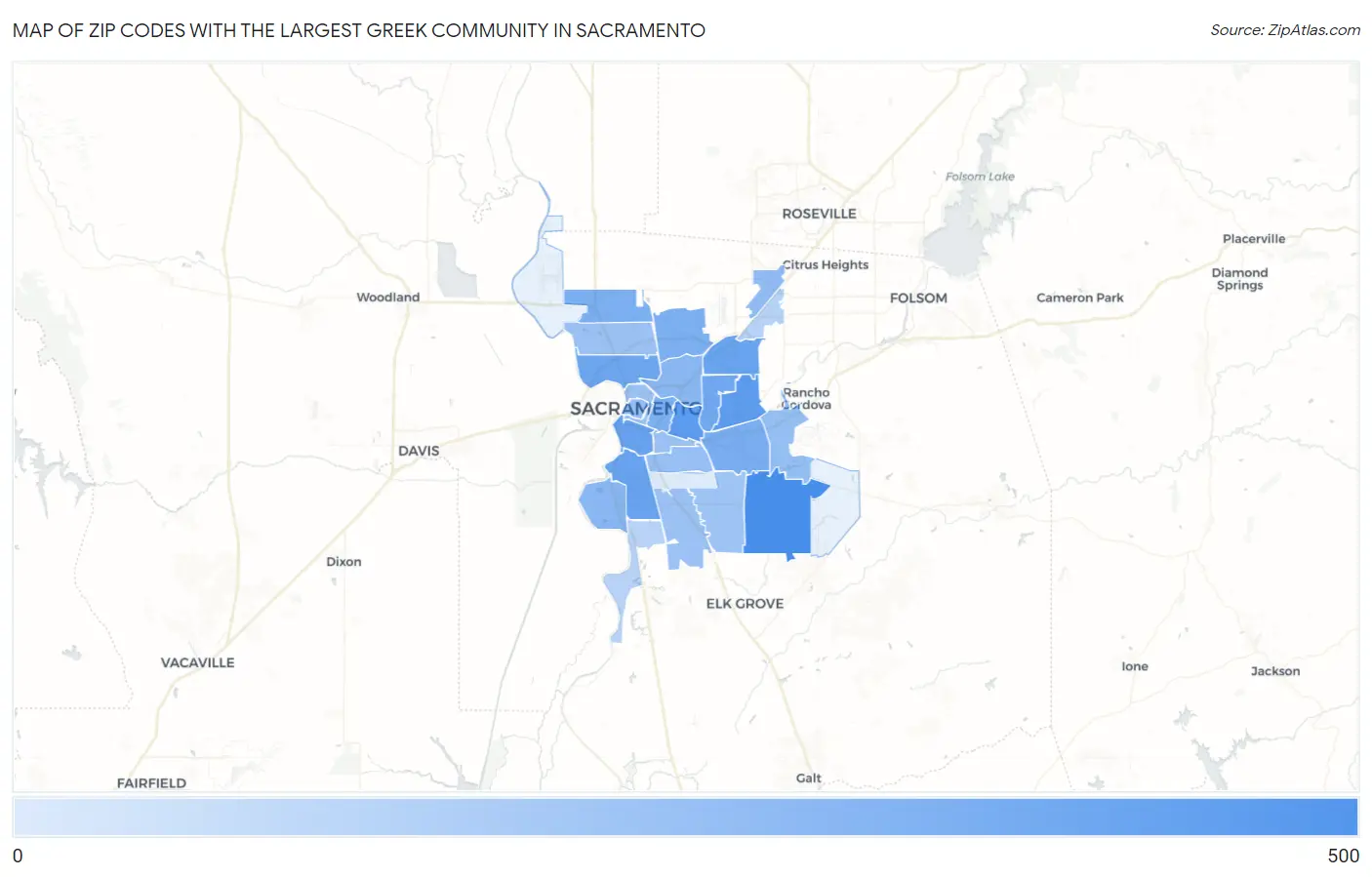 Zip Codes with the Largest Greek Community in Sacramento Map