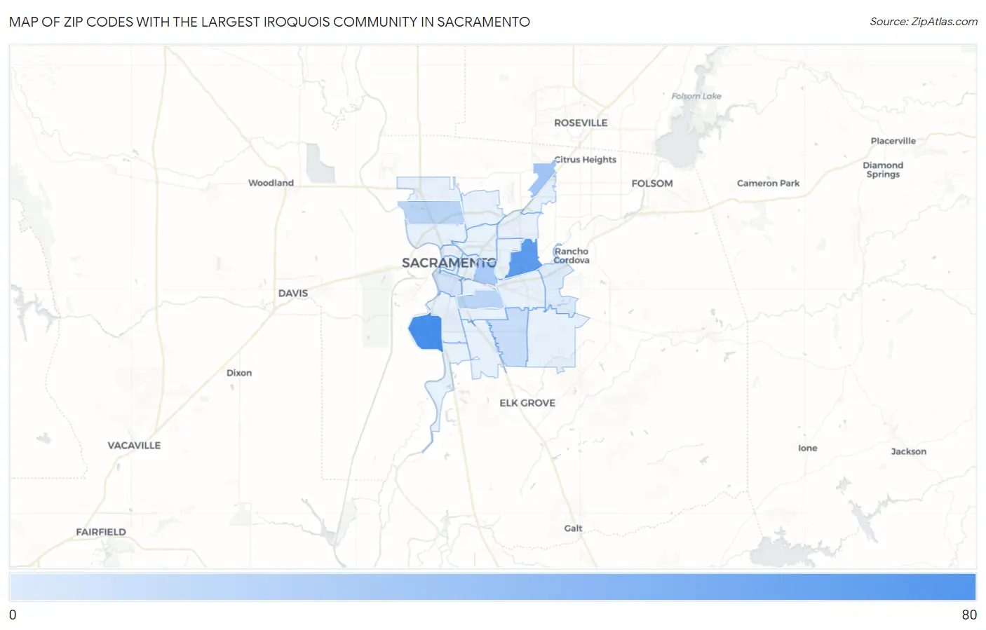 Zip Codes with the Largest Iroquois Community in Sacramento Map