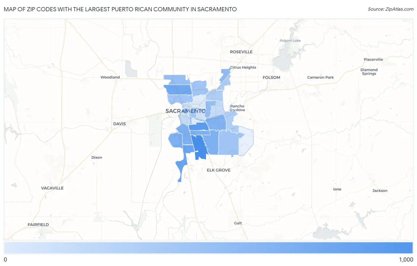 Zip Codes with the Largest Puerto Rican Community in Sacramento Map