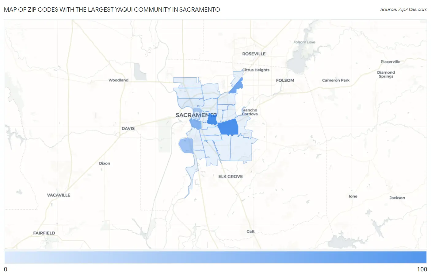 Zip Codes with the Largest Yaqui Community in Sacramento Map