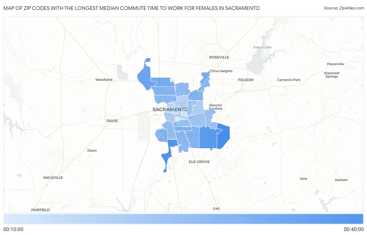 Zip Codes with the Longest Median Commute Time to Work for Females in Sacramento Map