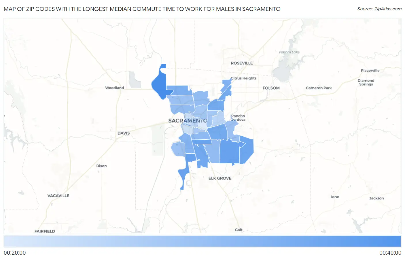 Zip Codes with the Longest Median Commute Time to Work for Males in Sacramento Map