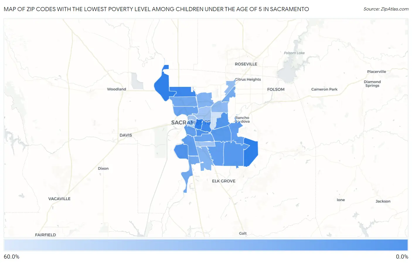 Zip Codes with the Lowest Poverty Level Among Children Under the Age of 5 in Sacramento Map