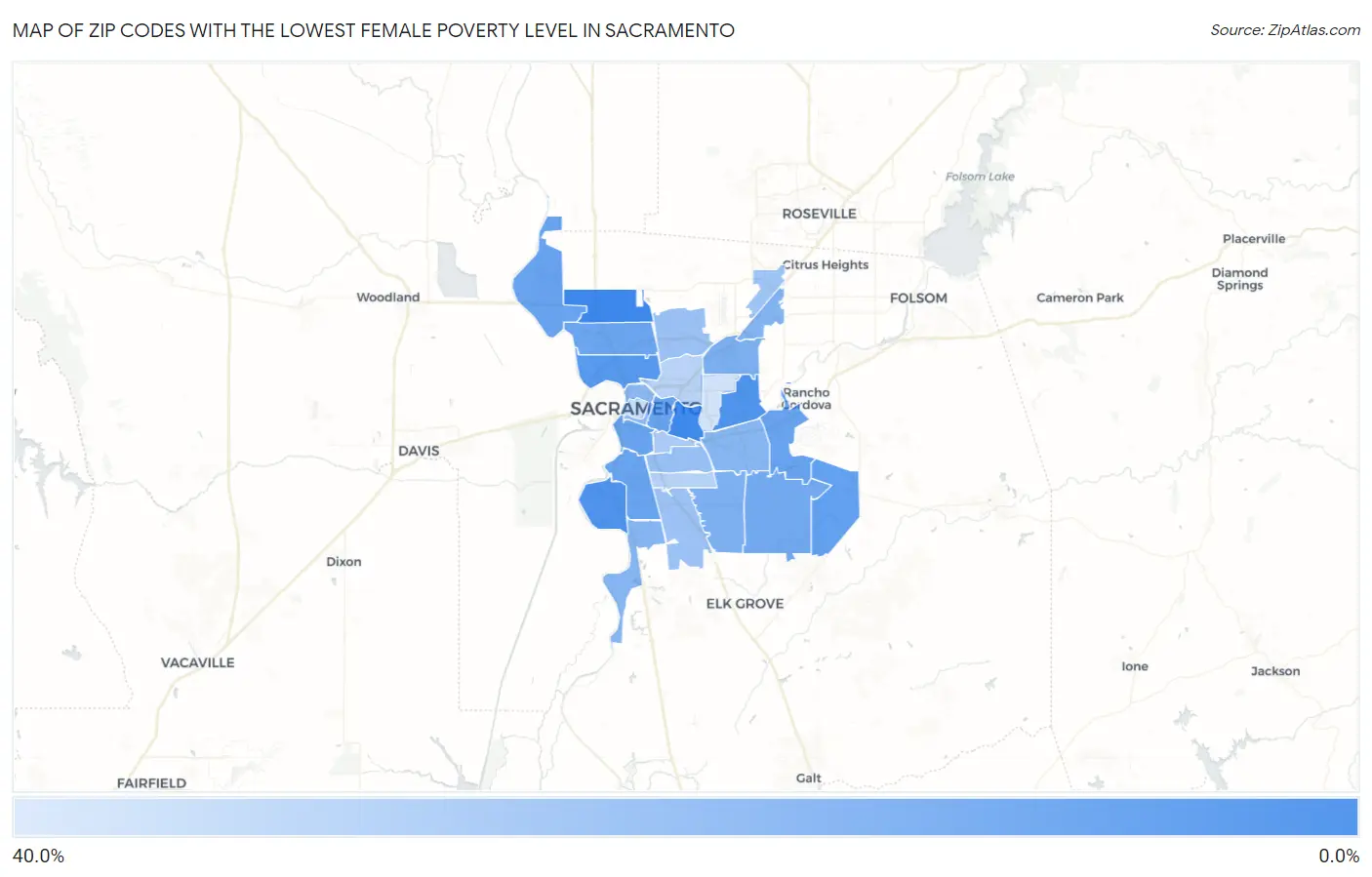 Zip Codes with the Lowest Female Poverty Level in Sacramento Map