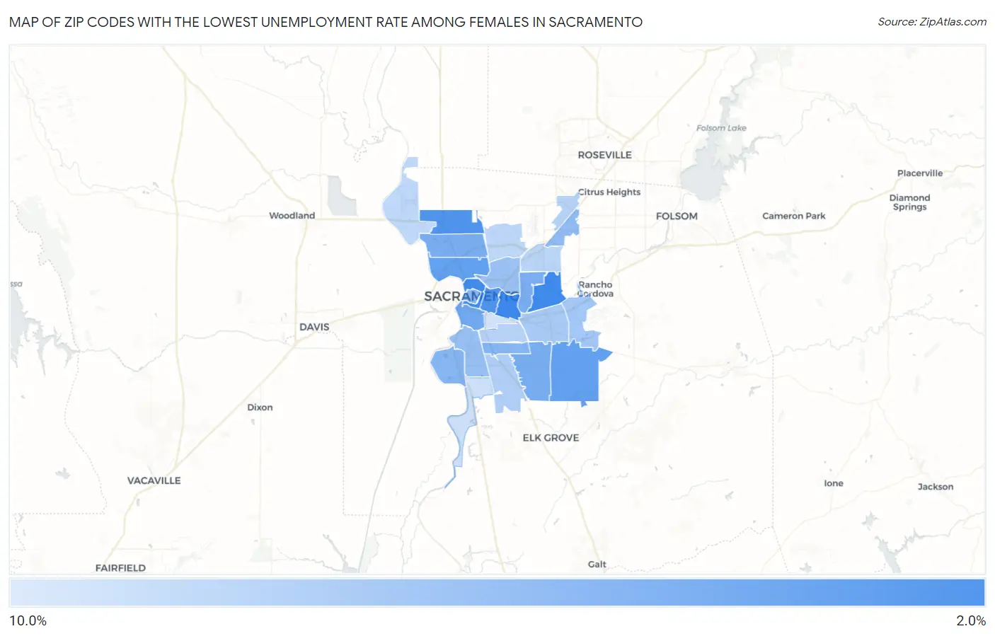 Zip Codes with the Lowest Unemployment Rate Among Females in Sacramento Map