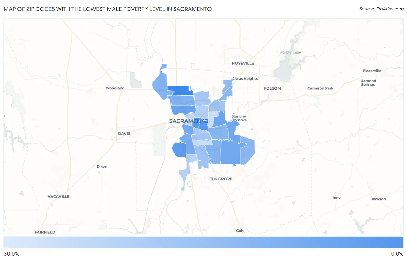 Zip Codes with the Lowest Male Poverty Level in Sacramento Map