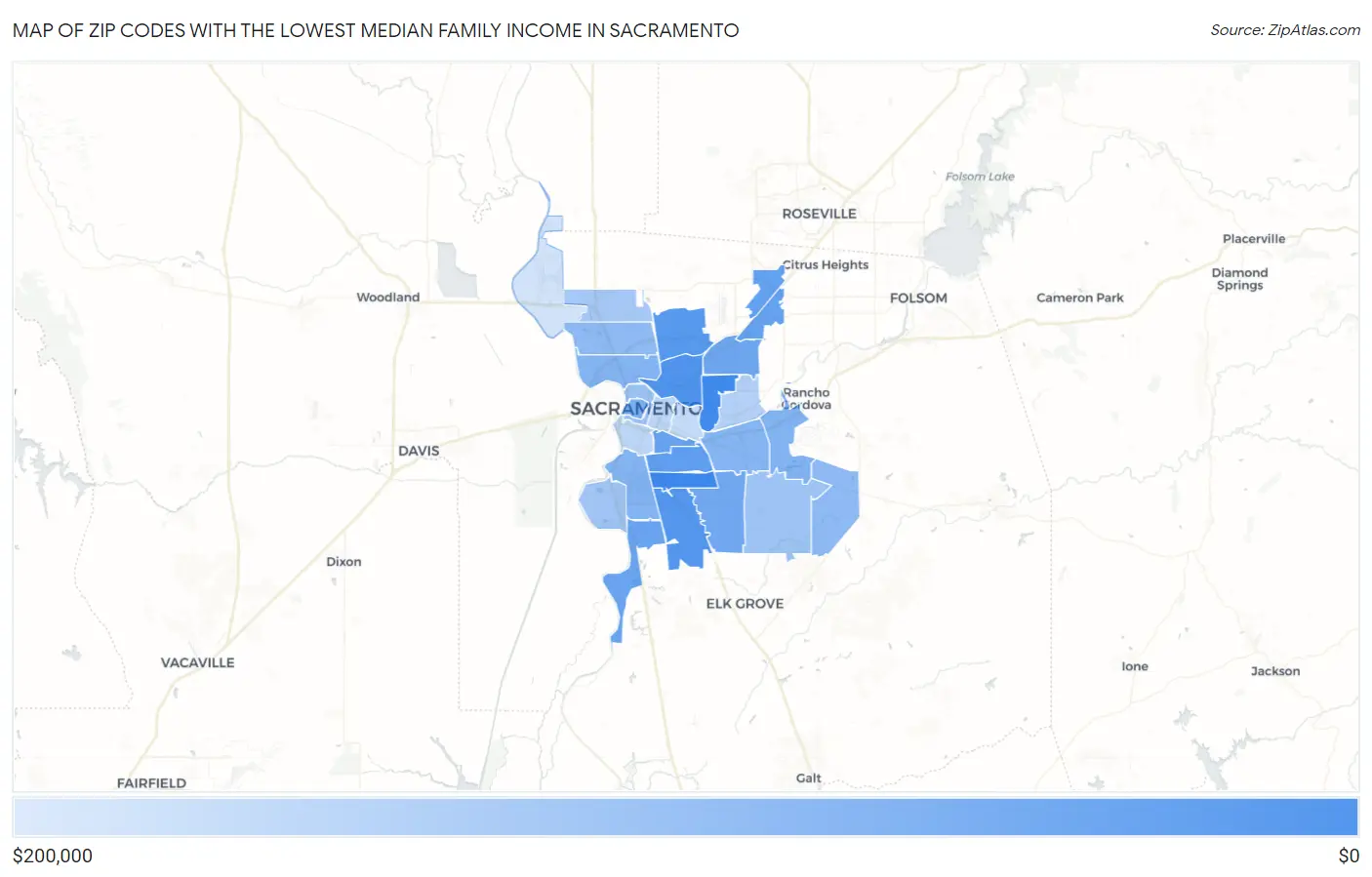 Zip Codes with the Lowest Median Family Income in Sacramento Map