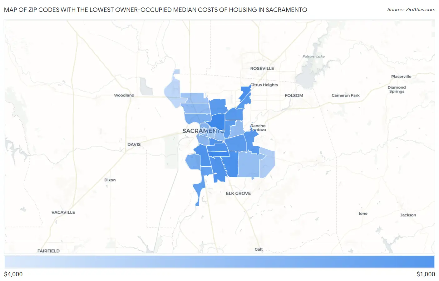 Zip Codes with the Lowest Owner-Occupied Median Costs of Housing in Sacramento Map