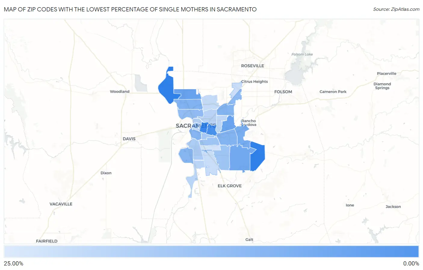 Zip Codes with the Lowest Percentage of Single Mothers in Sacramento Map