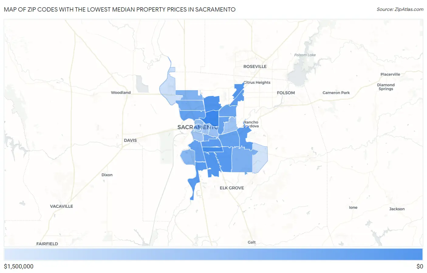 Zip Codes with the Lowest Median Property Prices in Sacramento Map