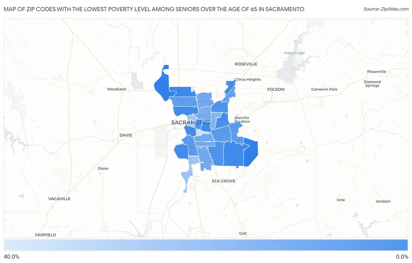 Zip Codes with the Lowest Poverty Level Among Seniors Over the Age of 65 in Sacramento Map