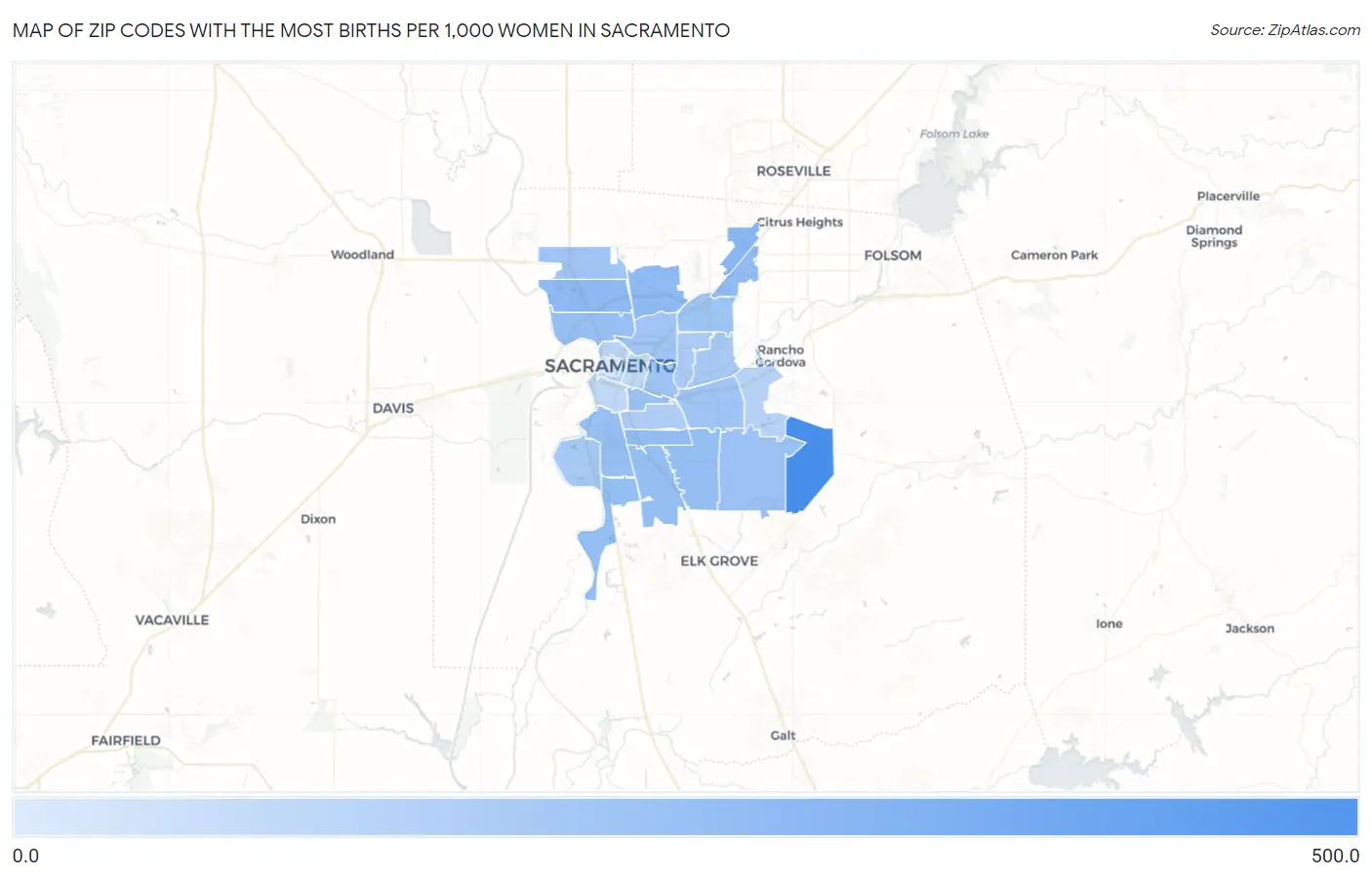 Zip Codes with the Most Births per 1,000 Women in Sacramento Map