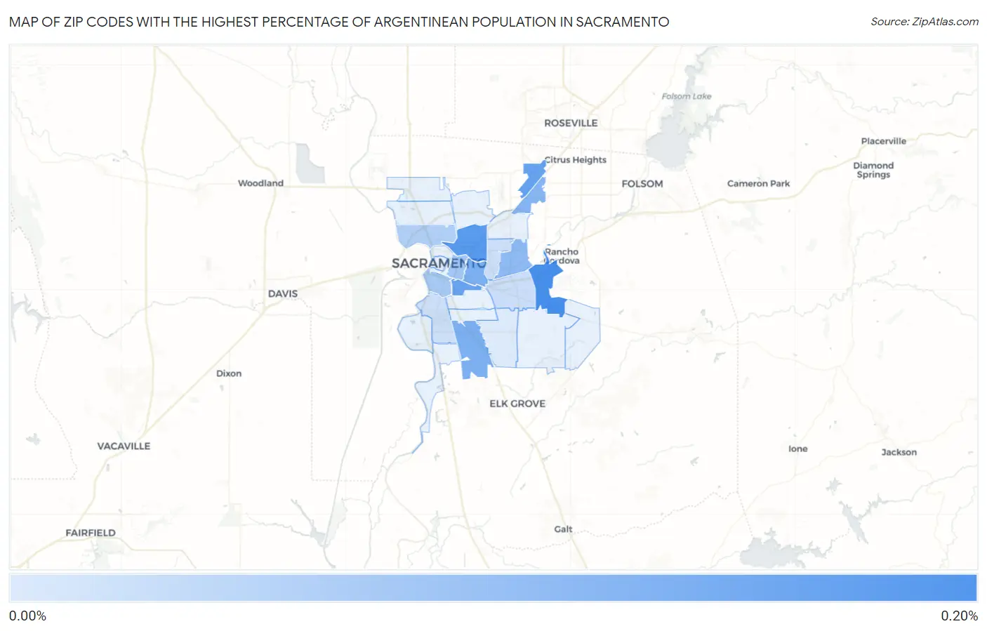 Zip Codes with the Highest Percentage of Argentinean Population in Sacramento Map