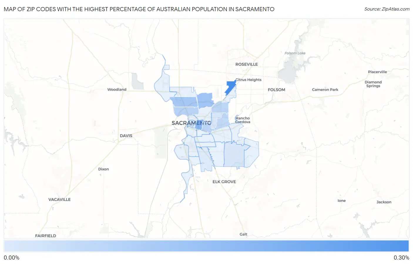 Zip Codes with the Highest Percentage of Australian Population in Sacramento Map