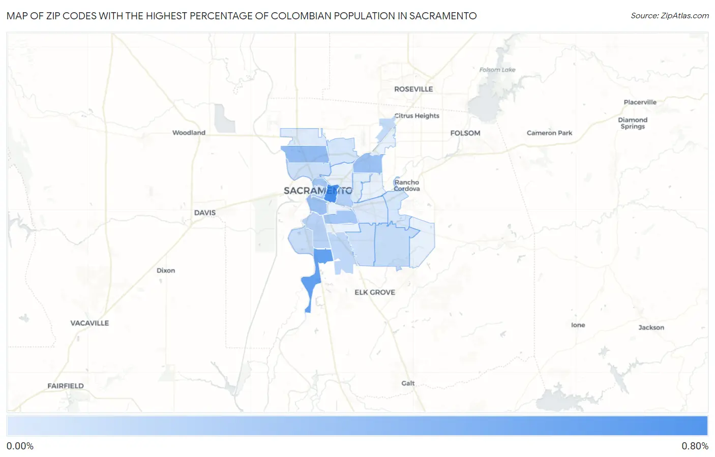 Zip Codes with the Highest Percentage of Colombian Population in Sacramento Map