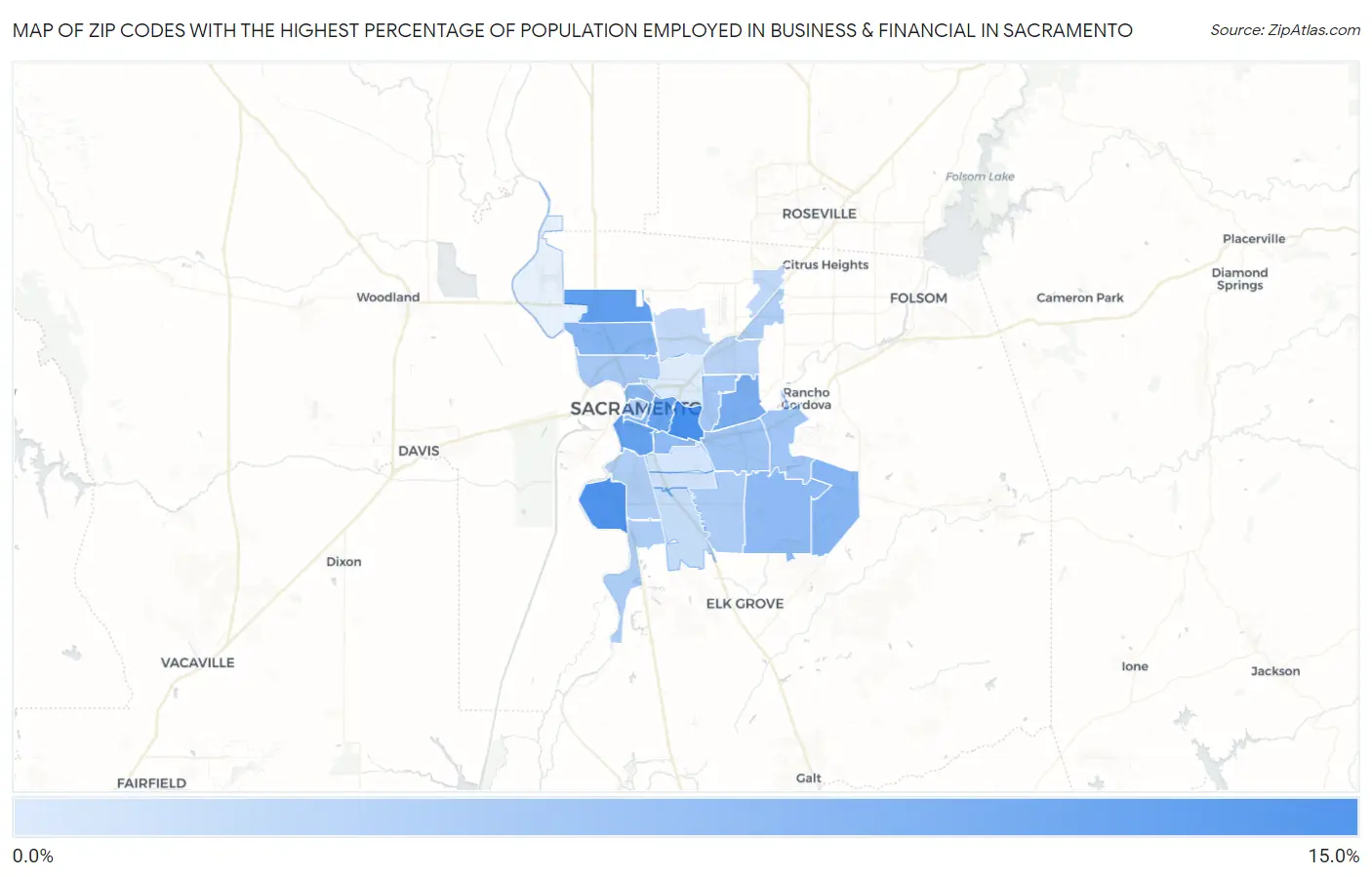 Zip Codes with the Highest Percentage of Population Employed in Business & Financial in Sacramento Map