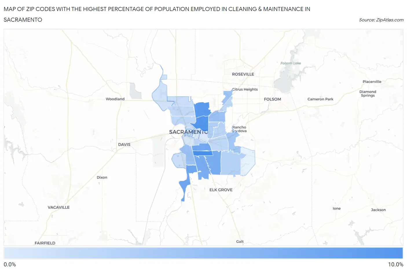 Zip Codes with the Highest Percentage of Population Employed in Cleaning & Maintenance in Sacramento Map
