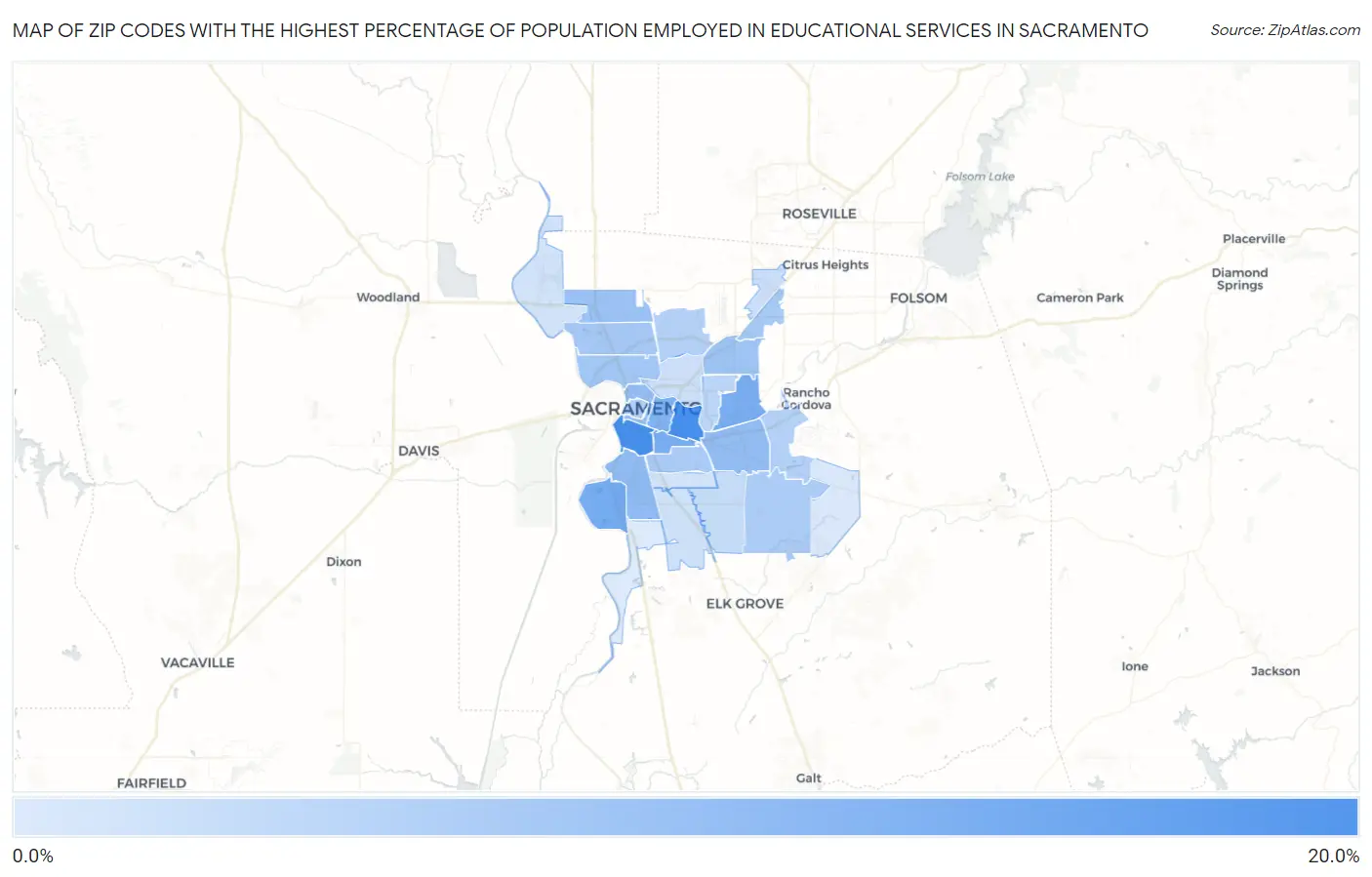 Zip Codes with the Highest Percentage of Population Employed in Educational Services in Sacramento Map