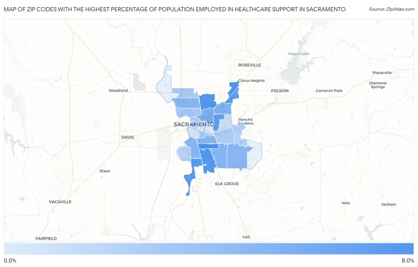 Zip Codes with the Highest Percentage of Population Employed in Healthcare Support in Sacramento Map