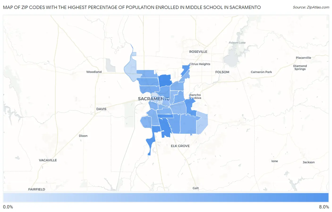 Zip Codes with the Highest Percentage of Population Enrolled in Middle School in Sacramento Map