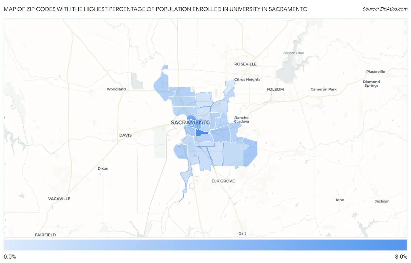 Zip Codes with the Highest Percentage of Population Enrolled in University in Sacramento Map