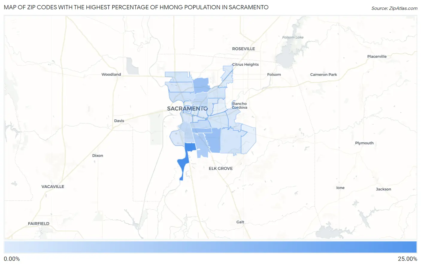 Zip Codes with the Highest Percentage of Hmong Population in Sacramento Map
