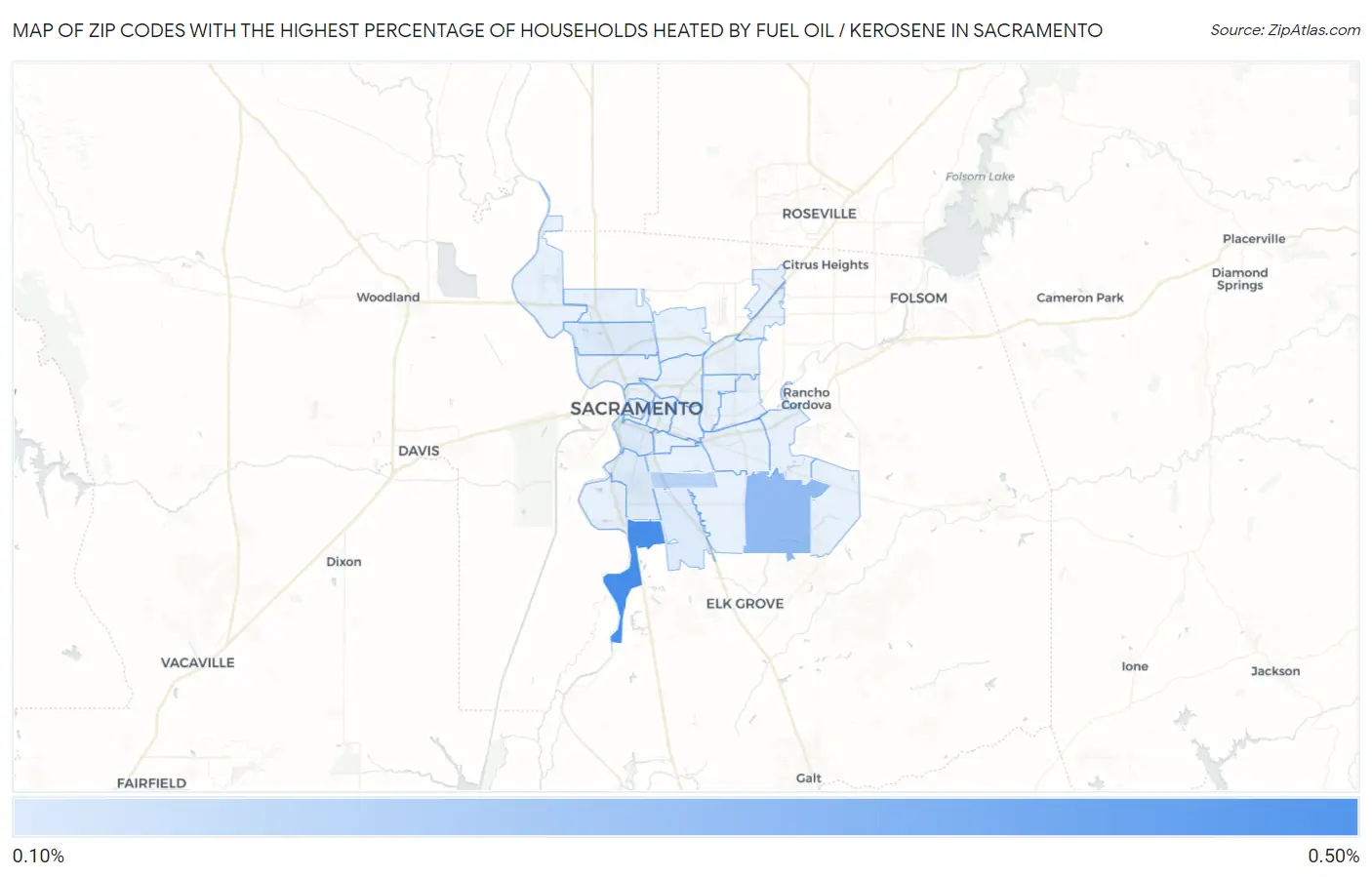 Zip Codes with the Highest Percentage of Households Heated by Fuel Oil / Kerosene in Sacramento Map