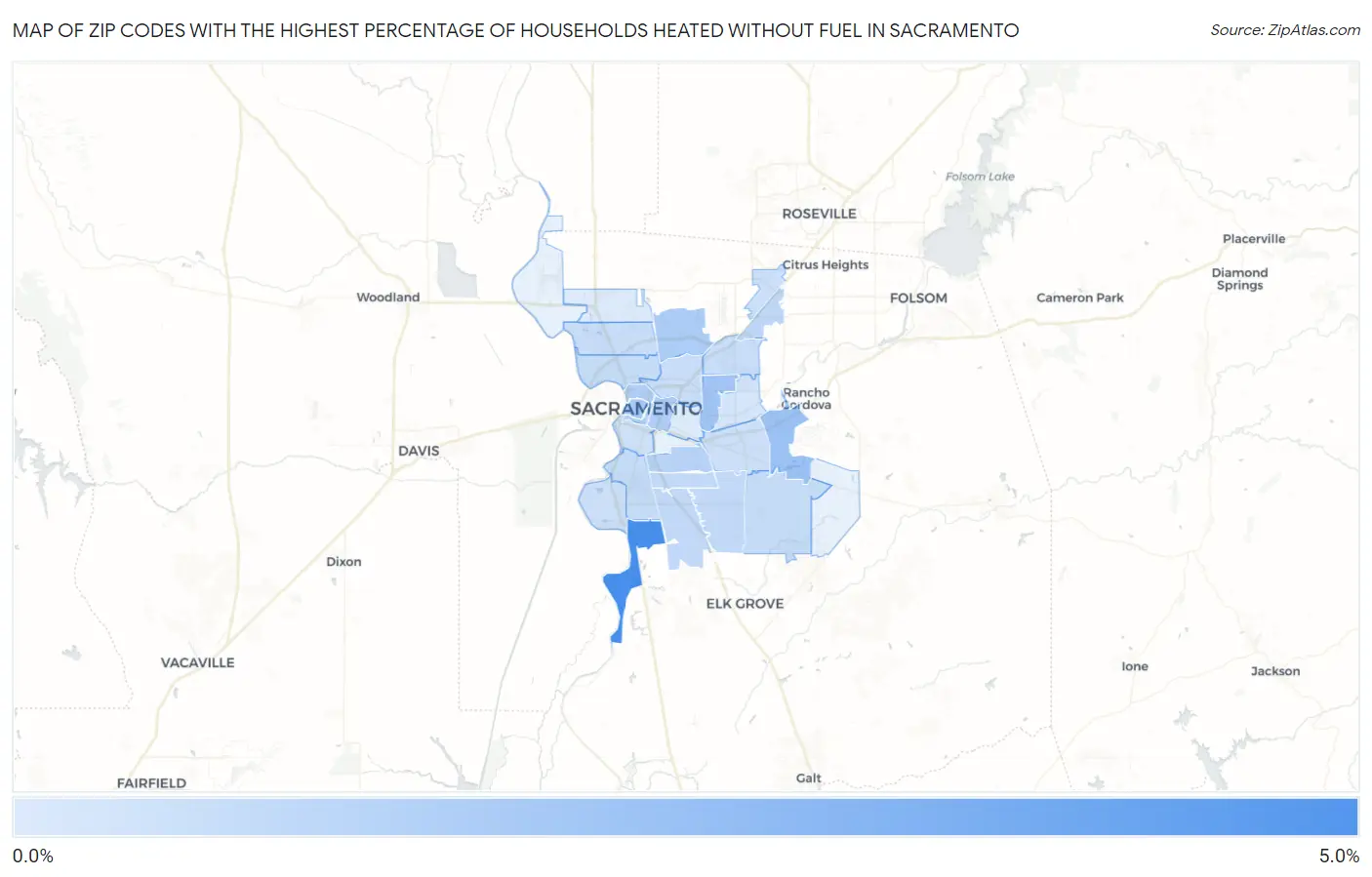 Zip Codes with the Highest Percentage of Households Heated without Fuel in Sacramento Map