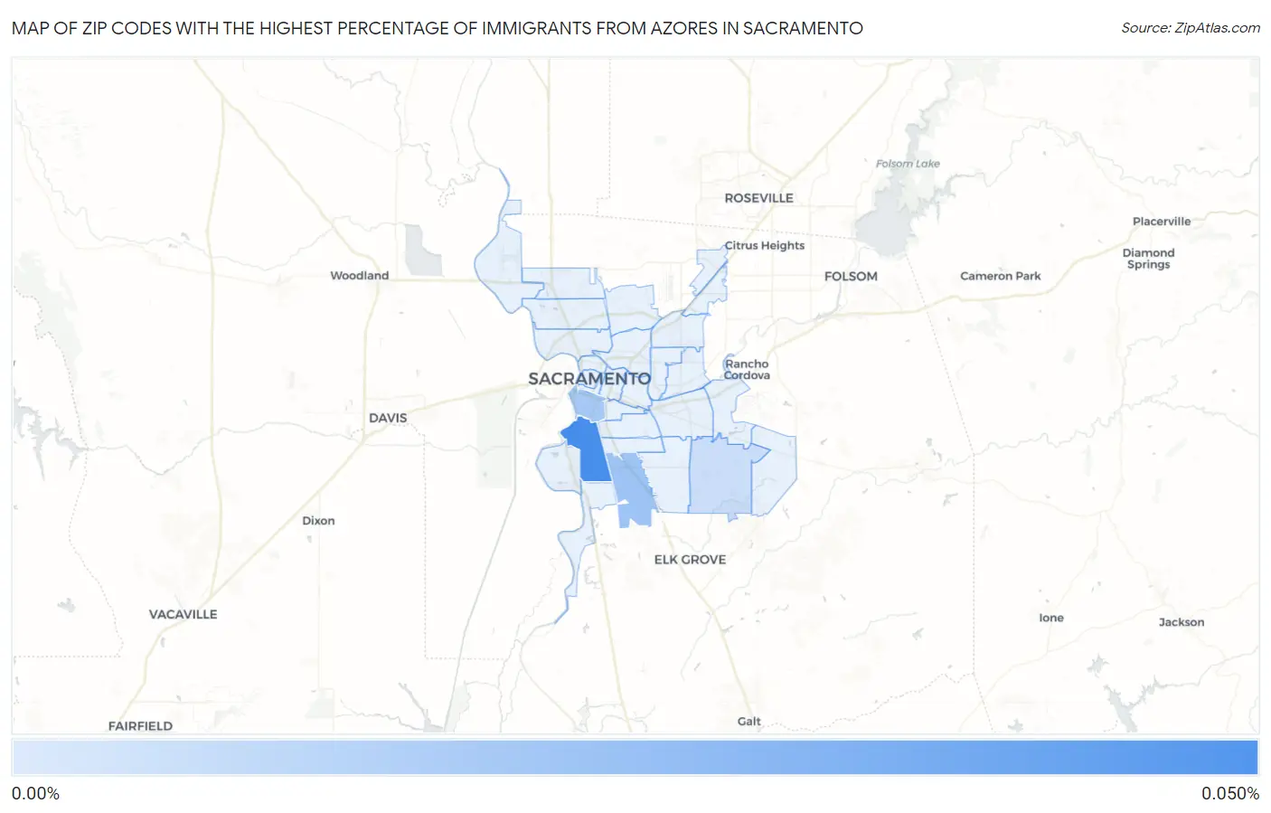 Zip Codes with the Highest Percentage of Immigrants from Azores in Sacramento Map