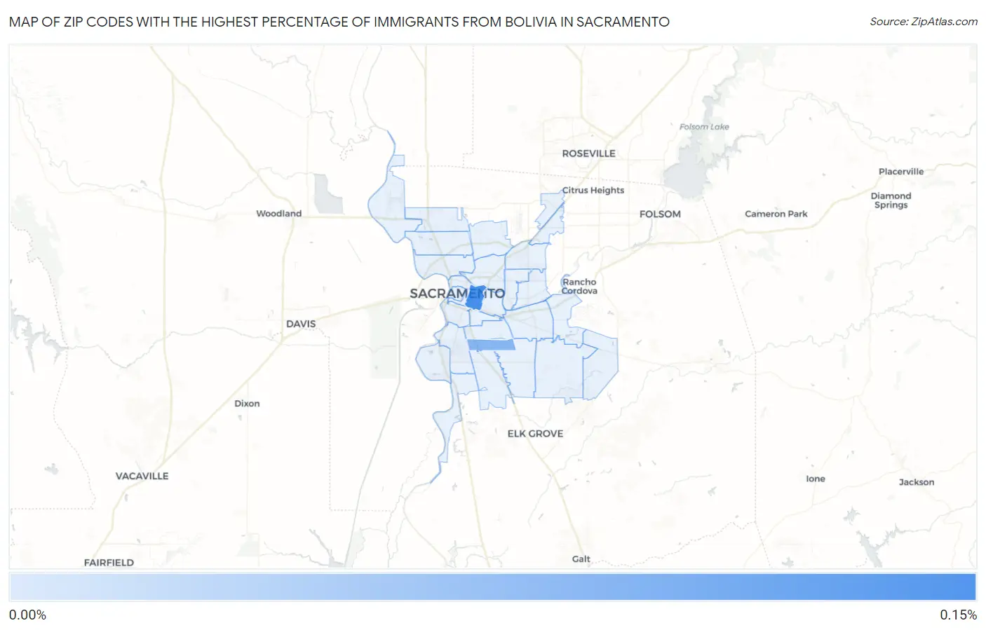 Zip Codes with the Highest Percentage of Immigrants from Bolivia in Sacramento Map