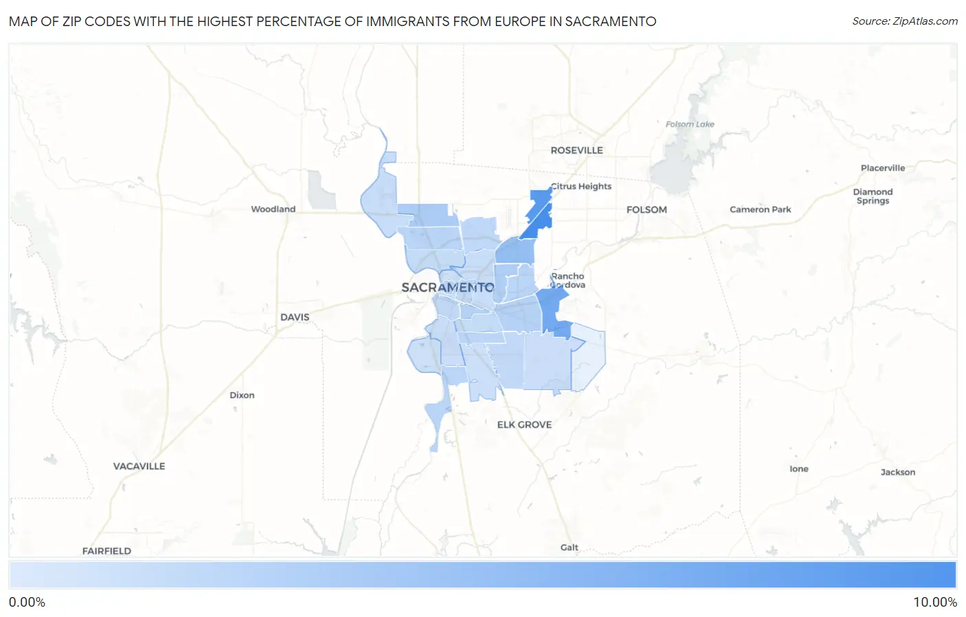 Zip Codes with the Highest Percentage of Immigrants from Europe in Sacramento Map