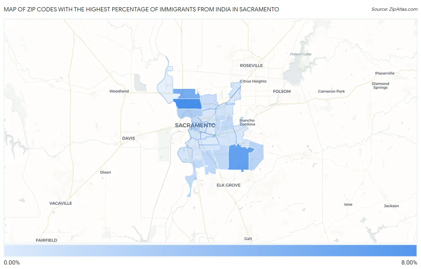 Zip Codes with the Highest Percentage of Immigrants from India in Sacramento Map