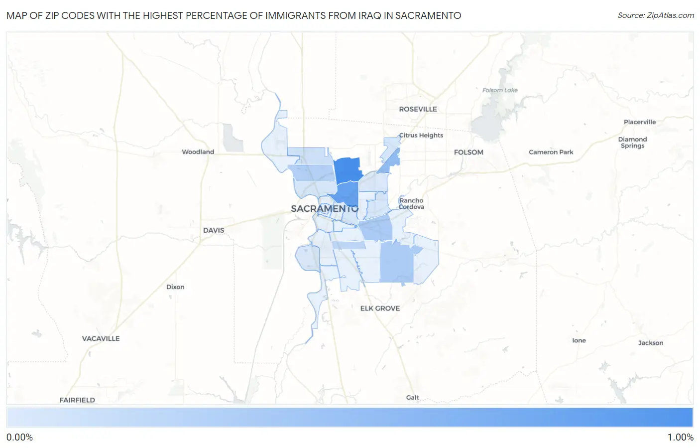Zip Codes with the Highest Percentage of Immigrants from Iraq in Sacramento Map