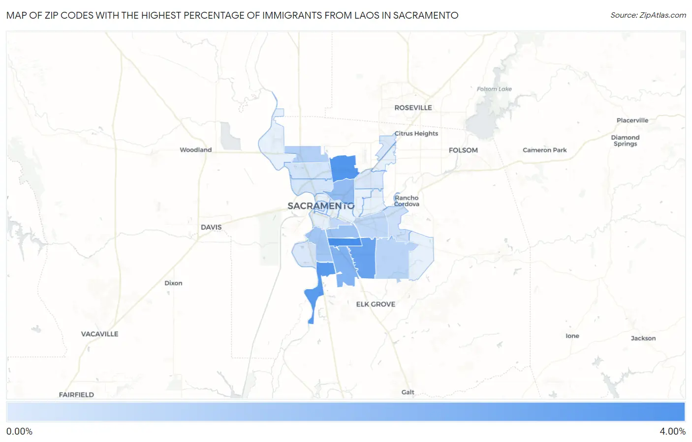 Zip Codes with the Highest Percentage of Immigrants from Laos in Sacramento Map